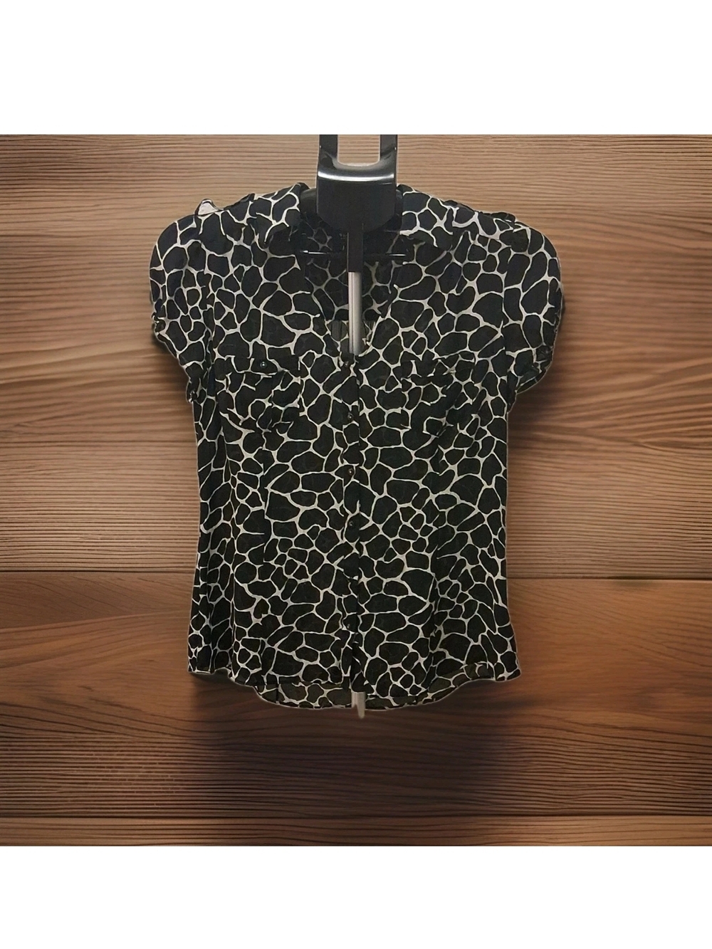 White House Black Market Black and White Abstract Spot Button-Front Blouse